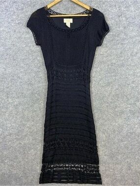 Krochetta by Papillon Vintage Crochet Dress Sz S Black Midi Sheath Goth Witchy